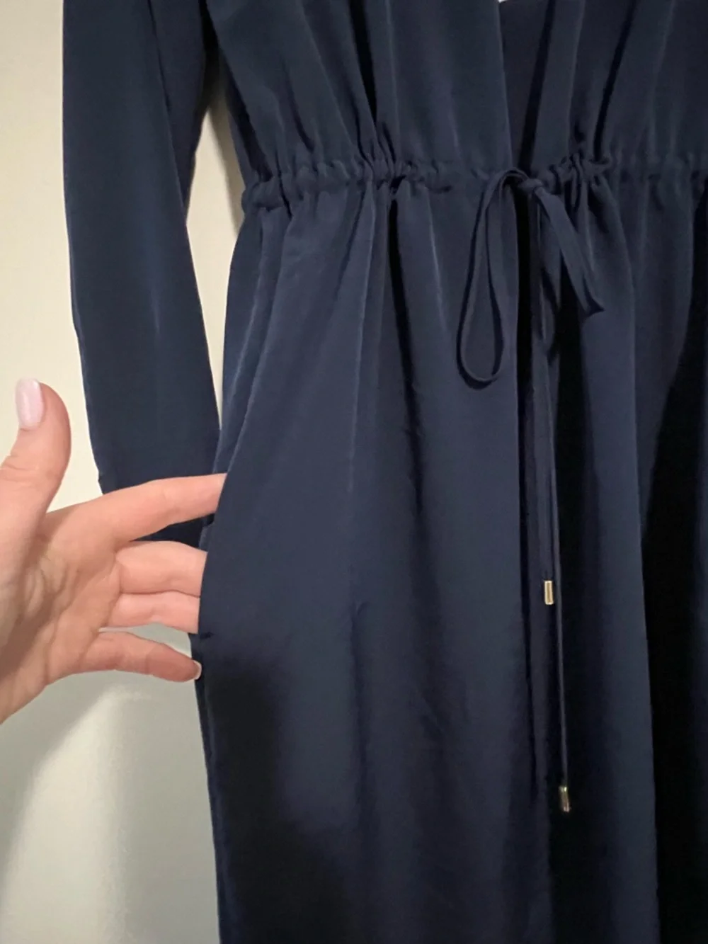 Ralph Lauren Navy Long-Sleeve Shirt Dress with Drawstring Waist and White Trim - Picture 4 of 9